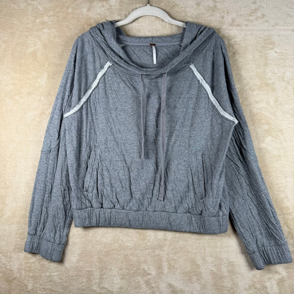 Free People Women Gray Lace Trim Cowl Neck Hoodie Crop Sweatshirt Size M